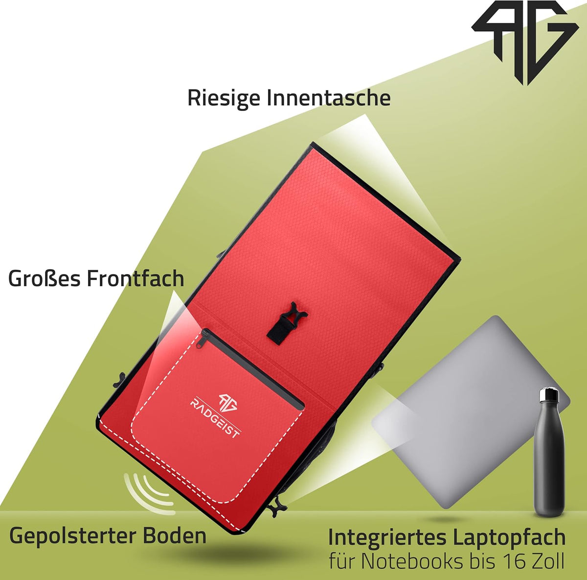 RADGEIST 3in1 Fahrradtasche - Für Gepäckträger - Rucksack - Tragetasche - Umhängetasche - Mit Laptopfach - Wasserdicht - 25L - Rot