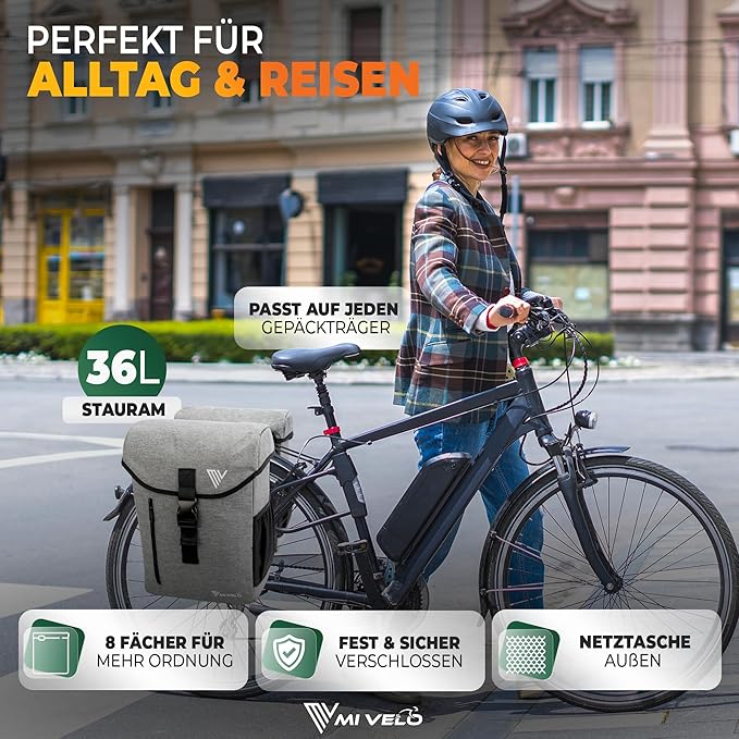 MIVELO Gepäckträgertasche – Doppel & Wasserdicht – 36 Liter – Kompatibel mit MIK & Racktime – Grau