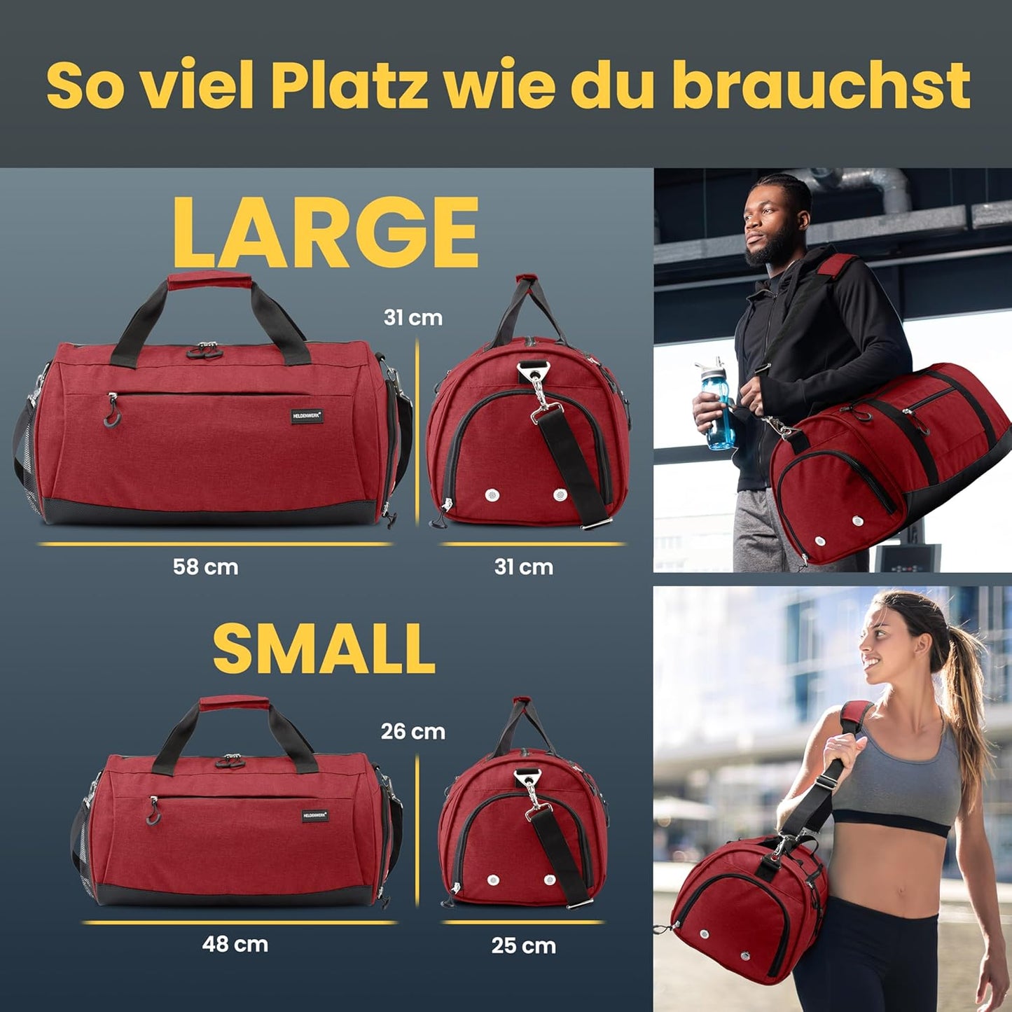 HELDENWERK Sporttasche - Sporttasche mit Schuhfach & wasserdichtem Nassfach - Workout- und Reisetasche für Damen & Herren - Fitness-, Reise- & Wochenendtasche - 50L - Pink