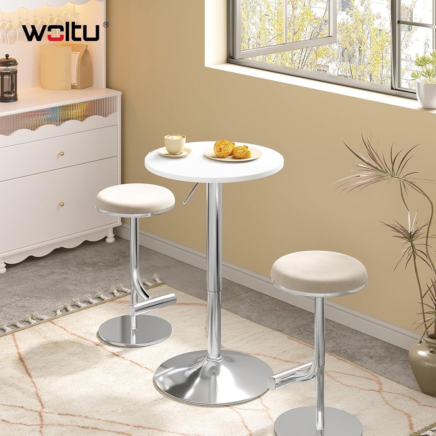 WOLTU Verstellbarer Bartisch – Ø 52 cm – Höhe 70–91 cm – drehbar – Chromfuß Ø 45 cm