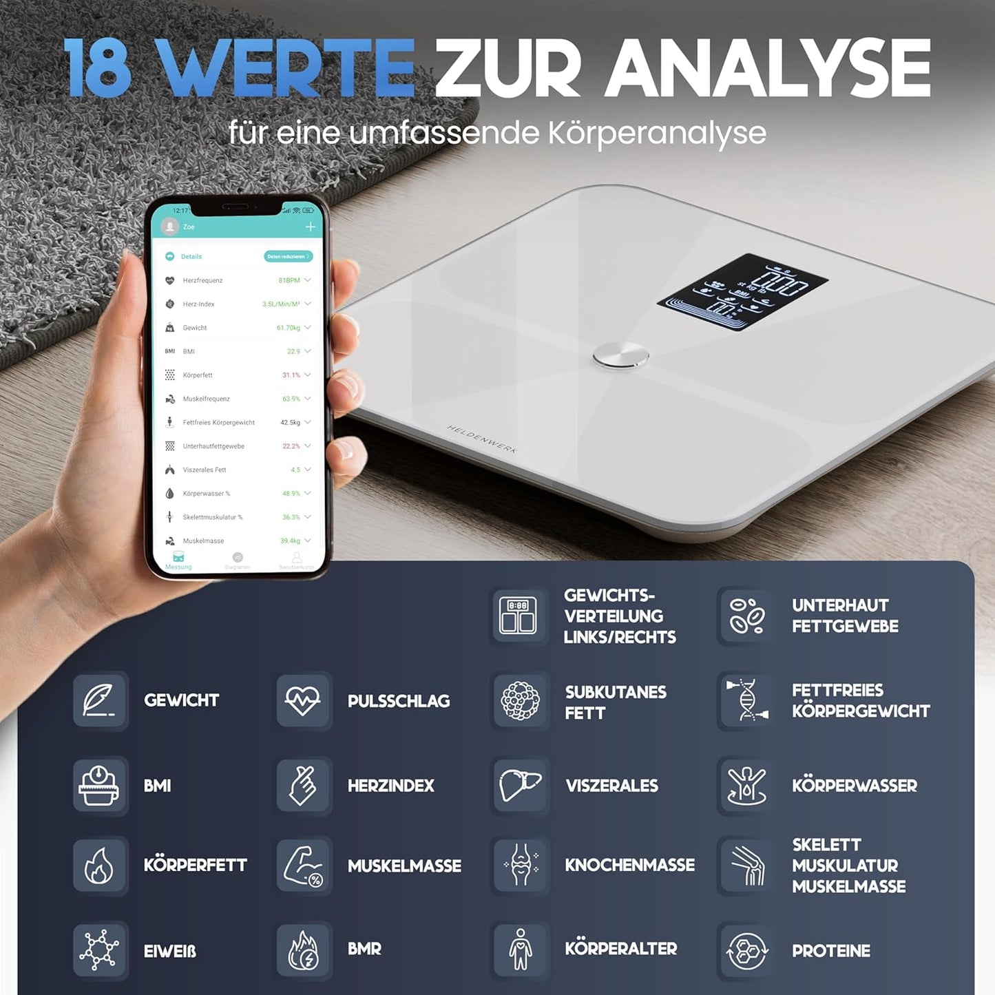 Heldentum Waage - Digital - 180KG - Bluetooth - Grau