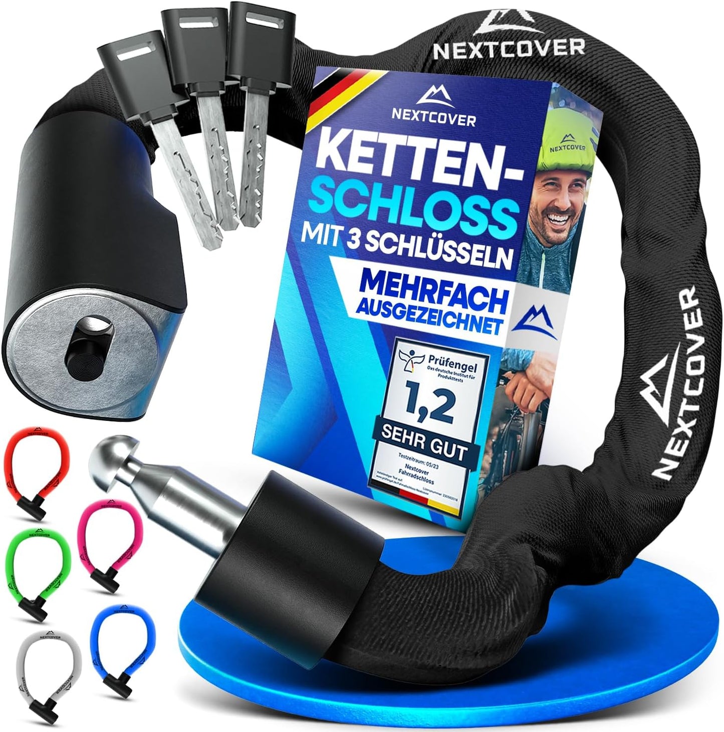 NEXTCOVER® Fahrradschloss LockOne mit Schlüssel I - [SAFE] Fahrradschloss hohe Sicherheit I robustes & langlebiges Kettenschloss Fahrrad I Fahrradschloss, Fahrradschloss 3 Schlüssel