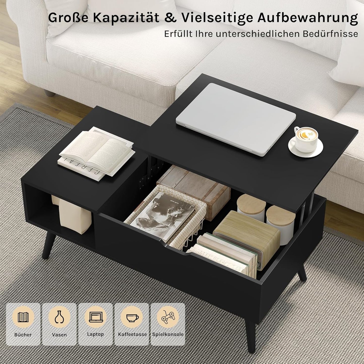 Woltu Couchtisch, höhenverstellbar – 100 x 57 x 50 cm – Schwarz