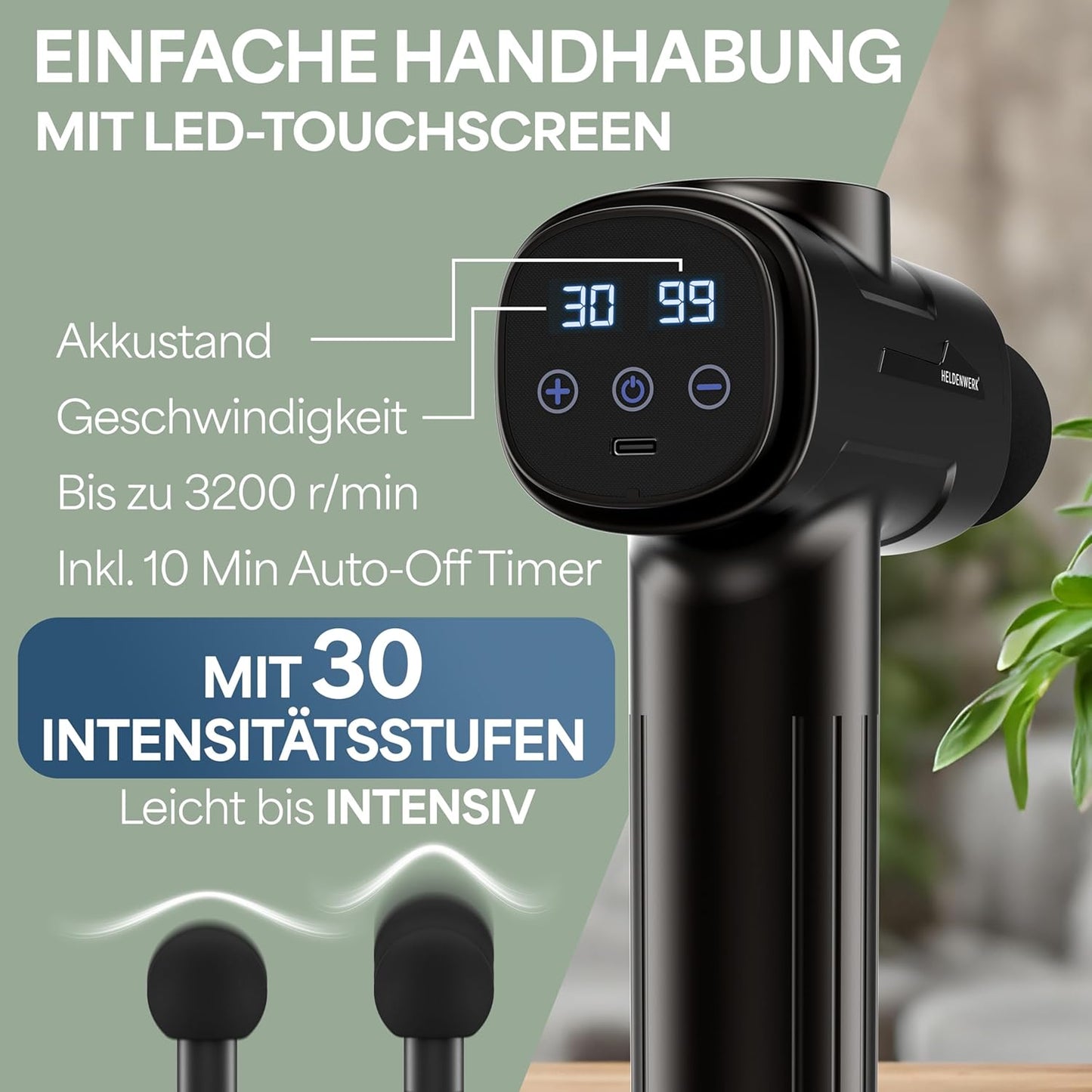HELDENWERK Aktiv-Massagepistole - Schwarz - 30 Geschwindigkeiten - 6 Massageköpfe - Flüsterleise - USB-C wiederaufladbar - LCD-Touchscreen - Inklusive Aufbewahrungsbox - Schwarz