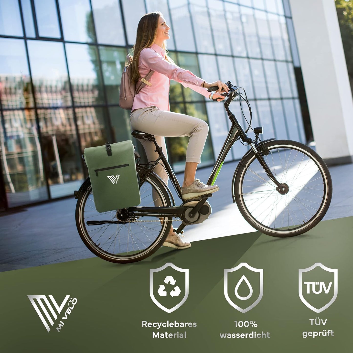 MIVELO 3-in-1 Packtasche für Gepäckträger - 100% wasserdicht - PVC-frei - Olivgrün - 25L