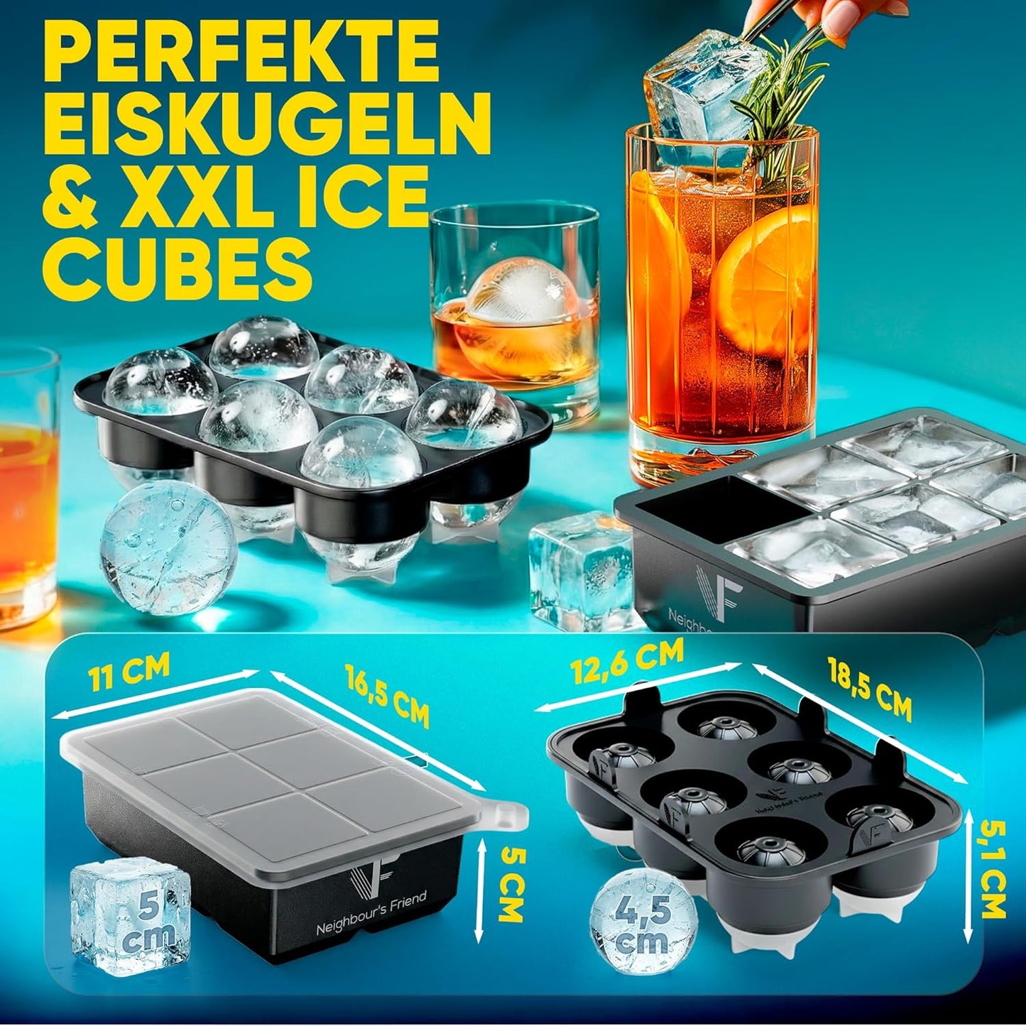 Neighbour's Friend - Patentierte XXL Eiswürfelform Platinum - runde große Eiswürfelform für Cocktails, Gin & Drinks - 6 Eiskugeln + 6 klassische Eiswürfel