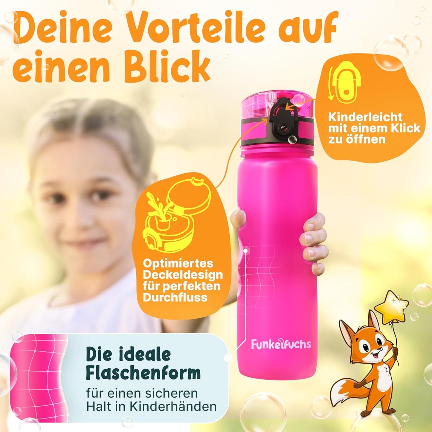 Funkelfuchs® Kindertrinkflasche - 500ml, rosa - mit Kohlensäure - 100% auslaufsicher - Wasserflasche spülmaschinenfest - für Kindergarten, Einschulung, Schule, Sport