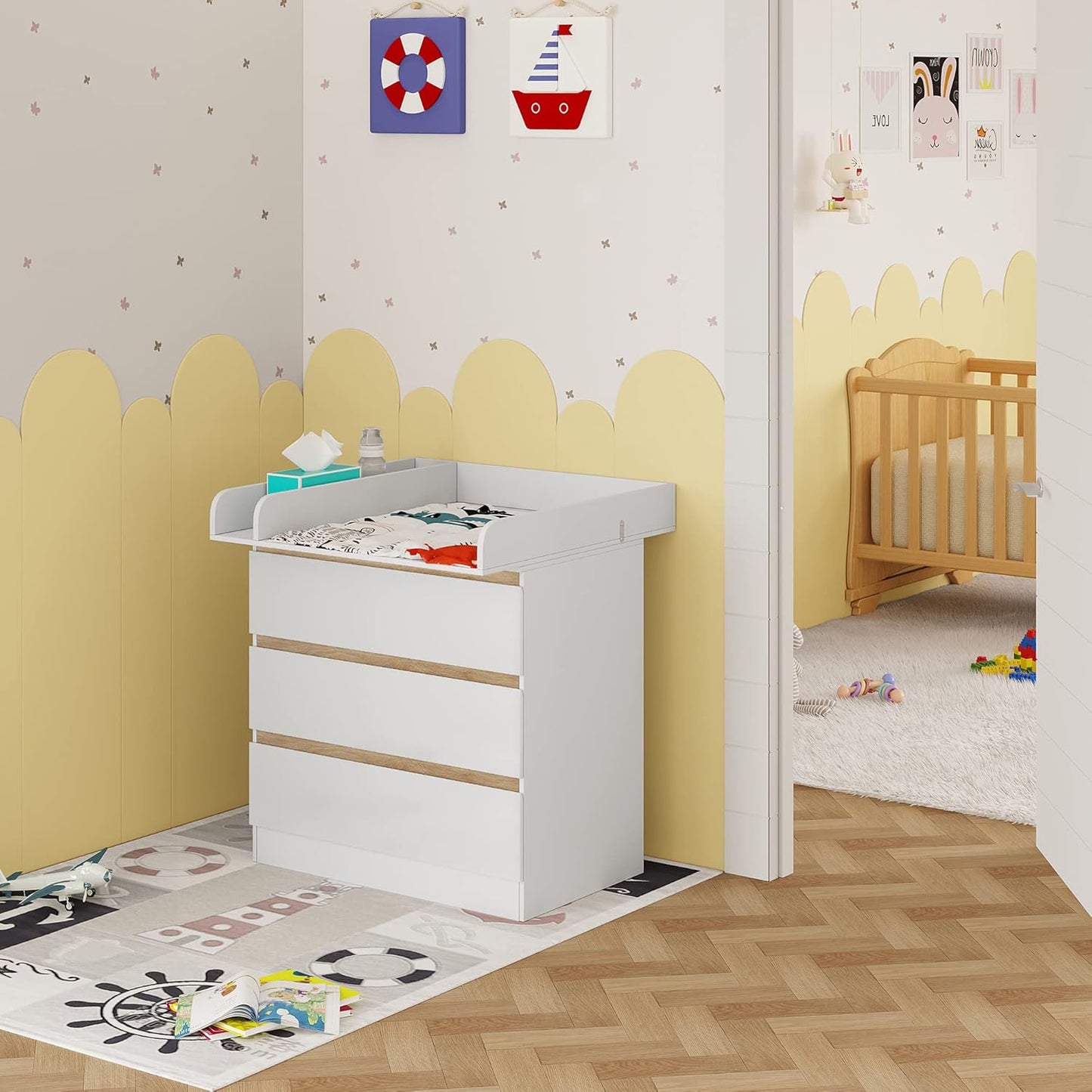 Woltu Wickeltisch mit Wickelaufsatz - 80x48x78 cm - Weiß und Eiche - 3 Schubladen - Ergonomisch 86 cm Arbeitshöhe
