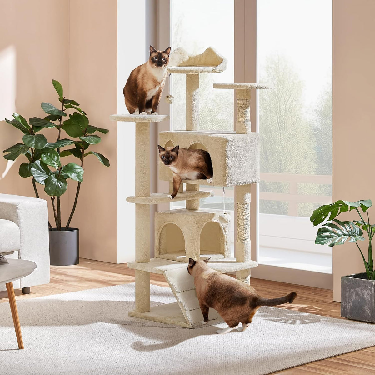 Yaheetech Katzenkratzbaum 137 cm - Beige - 49 x 49 x 137 cm - Mit 2 Häuschen, 3 Tellern und Sisal-Spielbällen