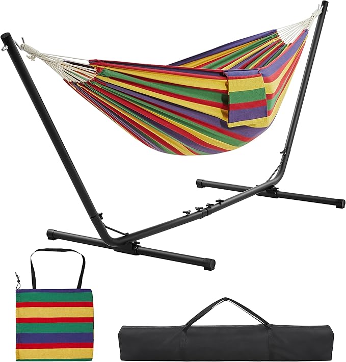 Yaheetech Hängematte mit Ständer 294-314 cm - Regenbogen Streifen - Verstellbare 2-Personen Garten Hängematte mit Tragetasche bis zu 205 kg