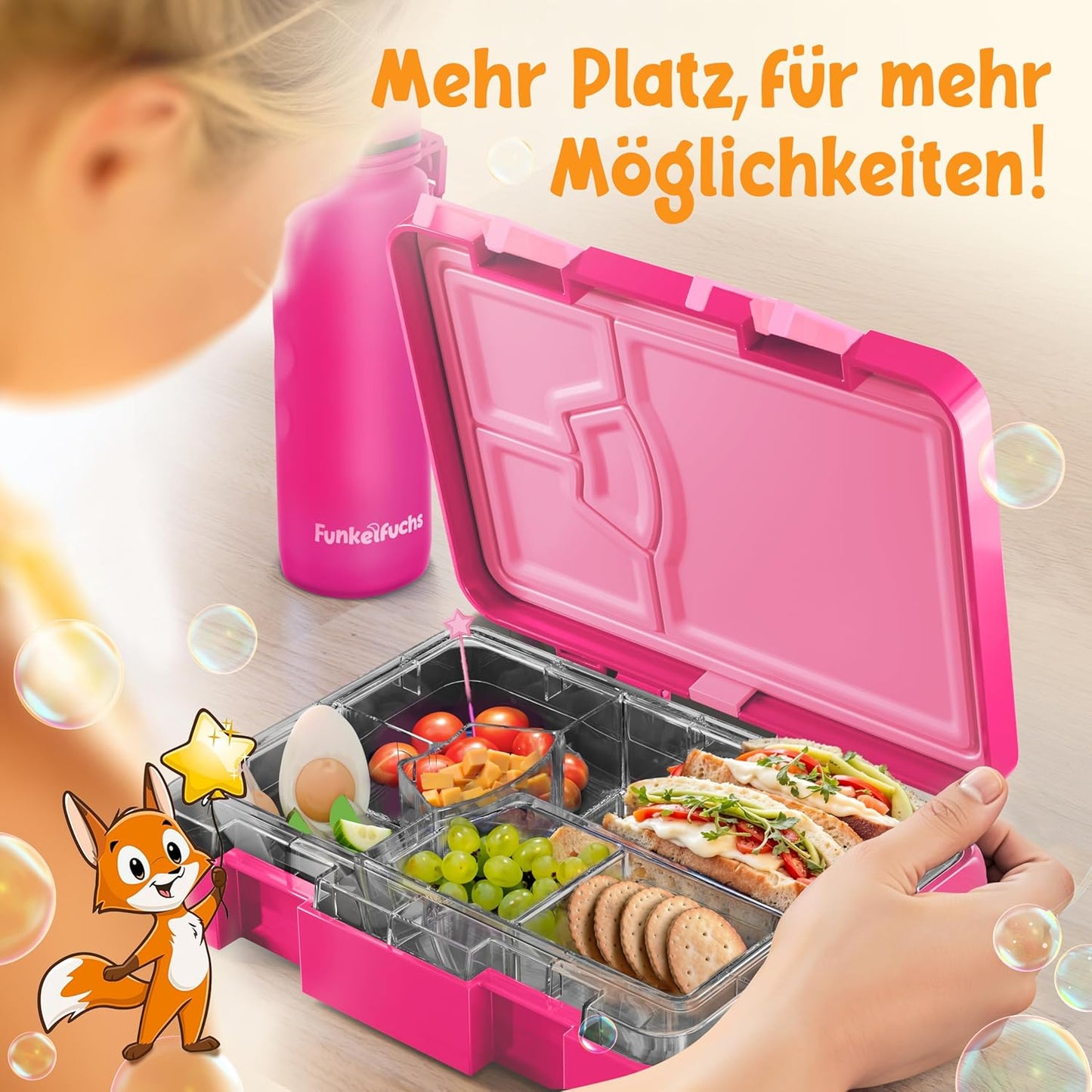 Funkelfuchs® - Lunchbox für Kinder mit Fächern - 800ml, pink - Lunchbox moonlight, groß - Brotzeitbox, Brotzeitbox, Lunchbox, Brotzeitbox, Bento-Box für Kinder - für Schule, Kindergarten und Kita