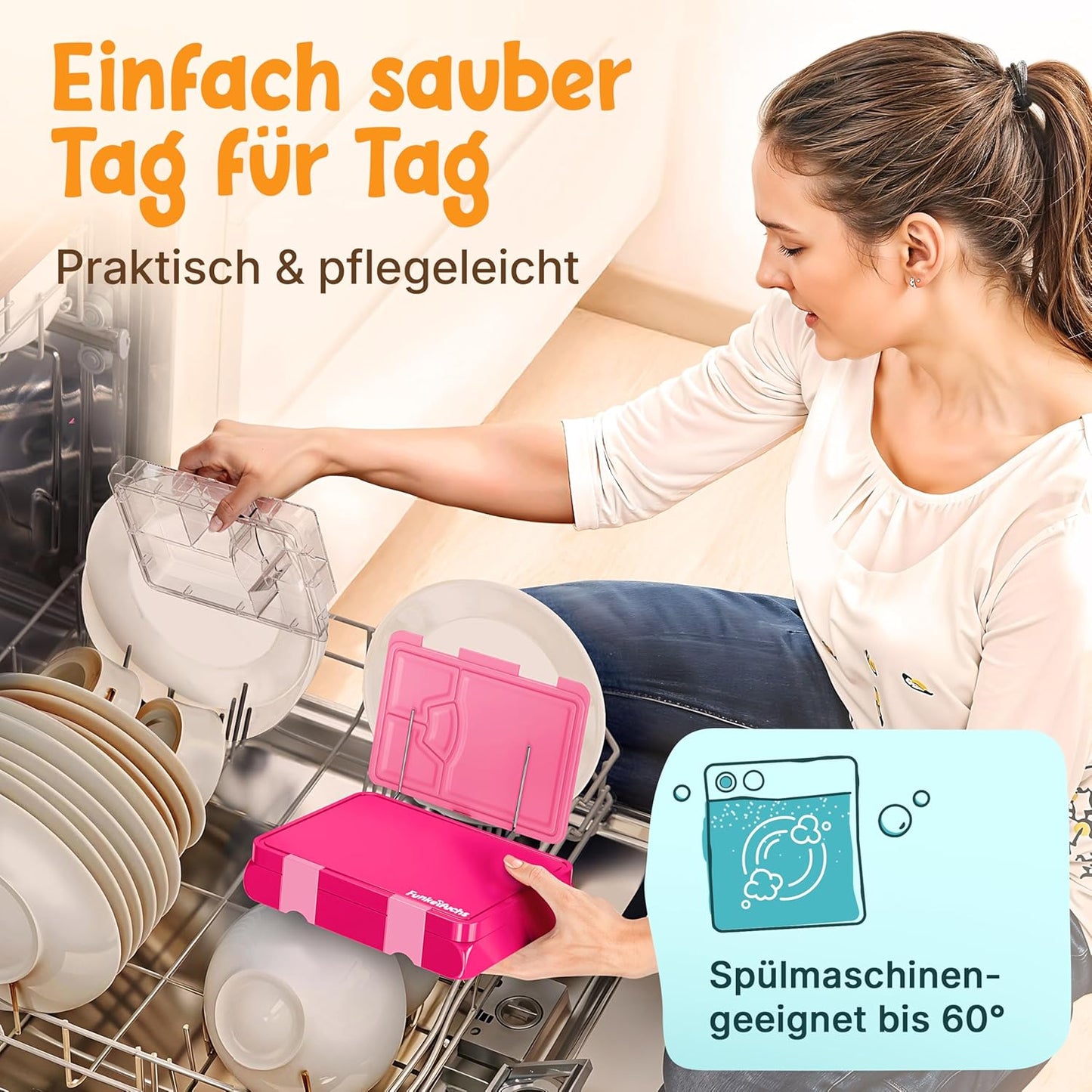 Funkelfuchs® - Lunchbox für Kinder mit Fächern - 800ml, pink - Lunchbox moonlight, groß - Brotzeitbox, Brotzeitbox, Lunchbox, Brotzeitbox, Bento-Box für Kinder - für Schule, Kindergarten und Kita