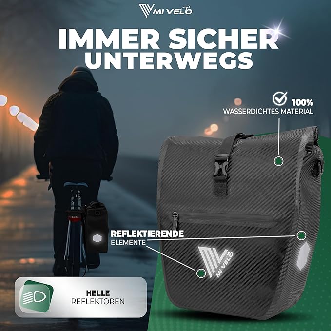 MIVELO Fahrradtasche – 2in1 Gepäckträgertasche & Schultertasche – 20 Liter – Wasserdicht – Carbon