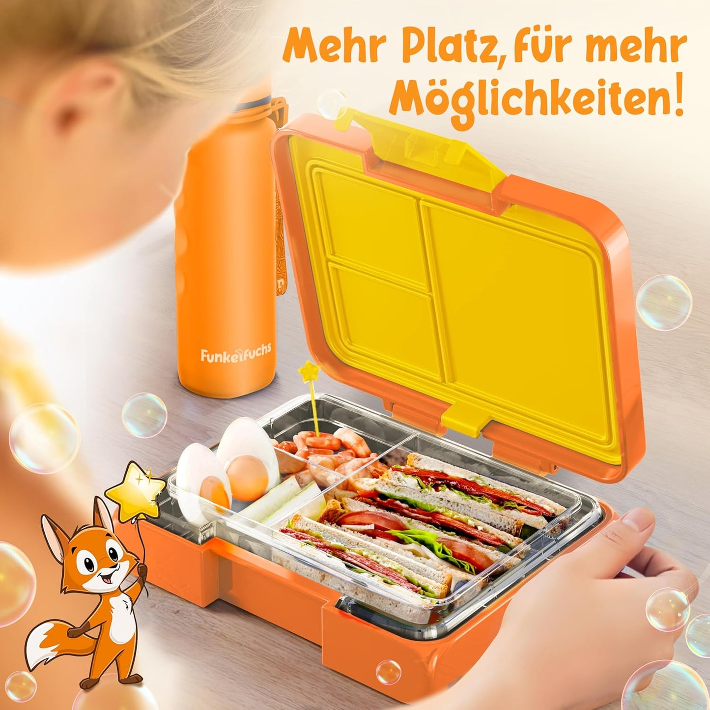 Funkelfuchs® - Lunchbox Kids mit Fächern - 500ml, orange - Lunchbox Stern, klein - Brotzeitbox, Snackbox, Lunchbox, Brotzeitbox, bento box kids - für Schule, Kindergarten und Krippe