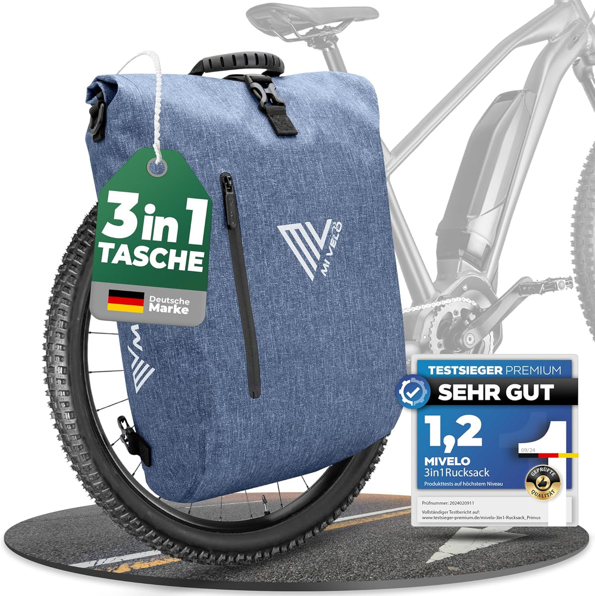 MIVELO - 3-in-1 wasserdichte Fahrradtasche mit Laptop-Fach und Schloss - PVC-frei - 20 L - Jeansblau