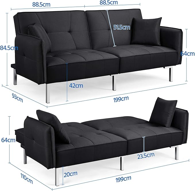 Yaheetech Schlafsofa Schwarz - 3-in-1 Klappsofa mit verstellbarer Rückenlehne - Liegefläche 199 x 110 cm