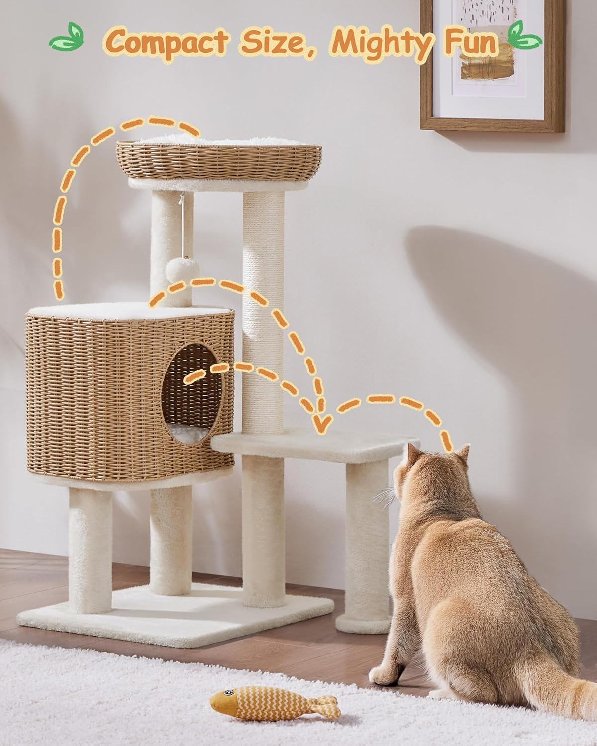 Yaheetech Katzenpfosten mit Rattan-Katzenhaus - 49 x 41 x 91 cm - ausgestattet mit Luxus-Katzenkorb und Sisal-Kratzern und weichen herausnehmbaren Matten - für Kätzchen und erwachsene Katzen - Beige Rattan und Plüsch