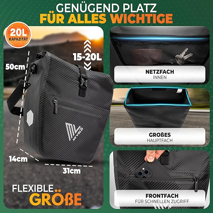 MIVELO Fahrradtasche – 2in1 Gepäckträgertasche & Schultertasche – 20 Liter – Wasserdicht – Carbon