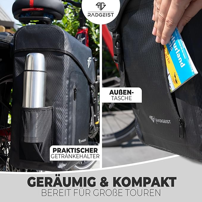 RADGEIST Gepäckträgertasche 100% wasserdicht I Doppeltasche Fahrrad 50 Liter - Doppelträgertasche mit einfacher Befestigung