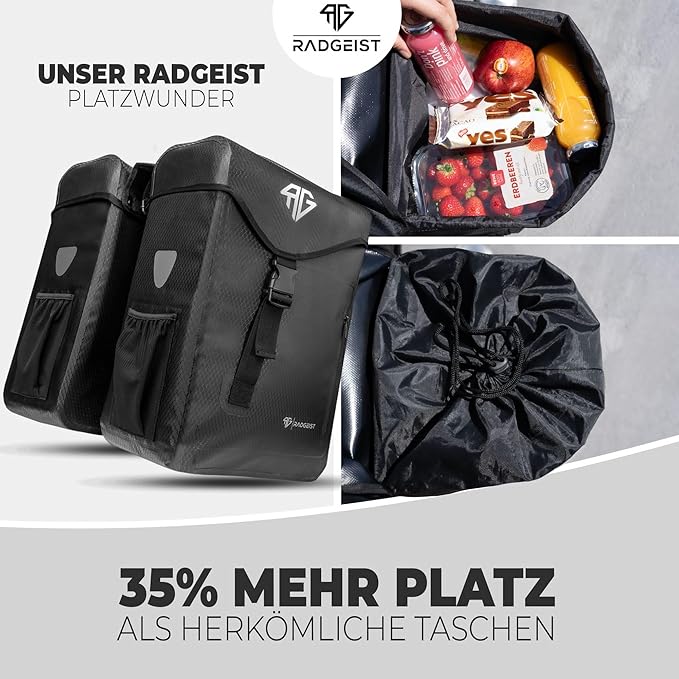 RADGEIST Gepäckträgertasche 100% wasserdicht I Doppeltasche Fahrrad 50 Liter - Doppelträgertasche mit einfacher Befestigung