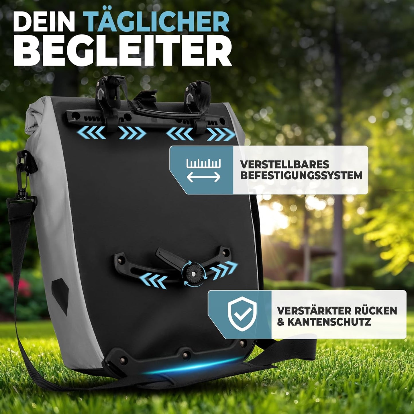 RADGEIST Tasche für Fahrradträger - Wasserdicht - Reflektierend - 20L - Grau