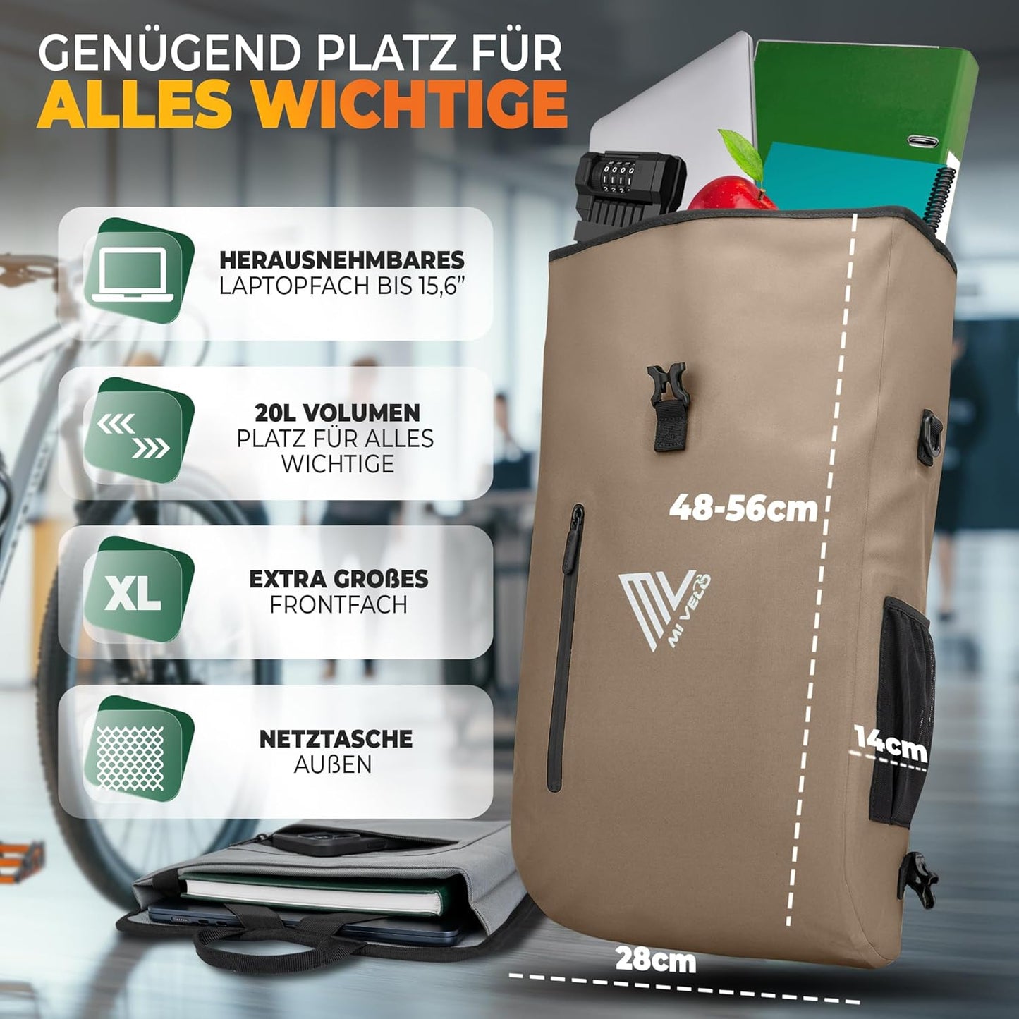 MIVELO 3-in-1 wasserdichte Fahrradtasche mit Laptopfach und Schloss - PVC-frei - Sand Beige - 20 L