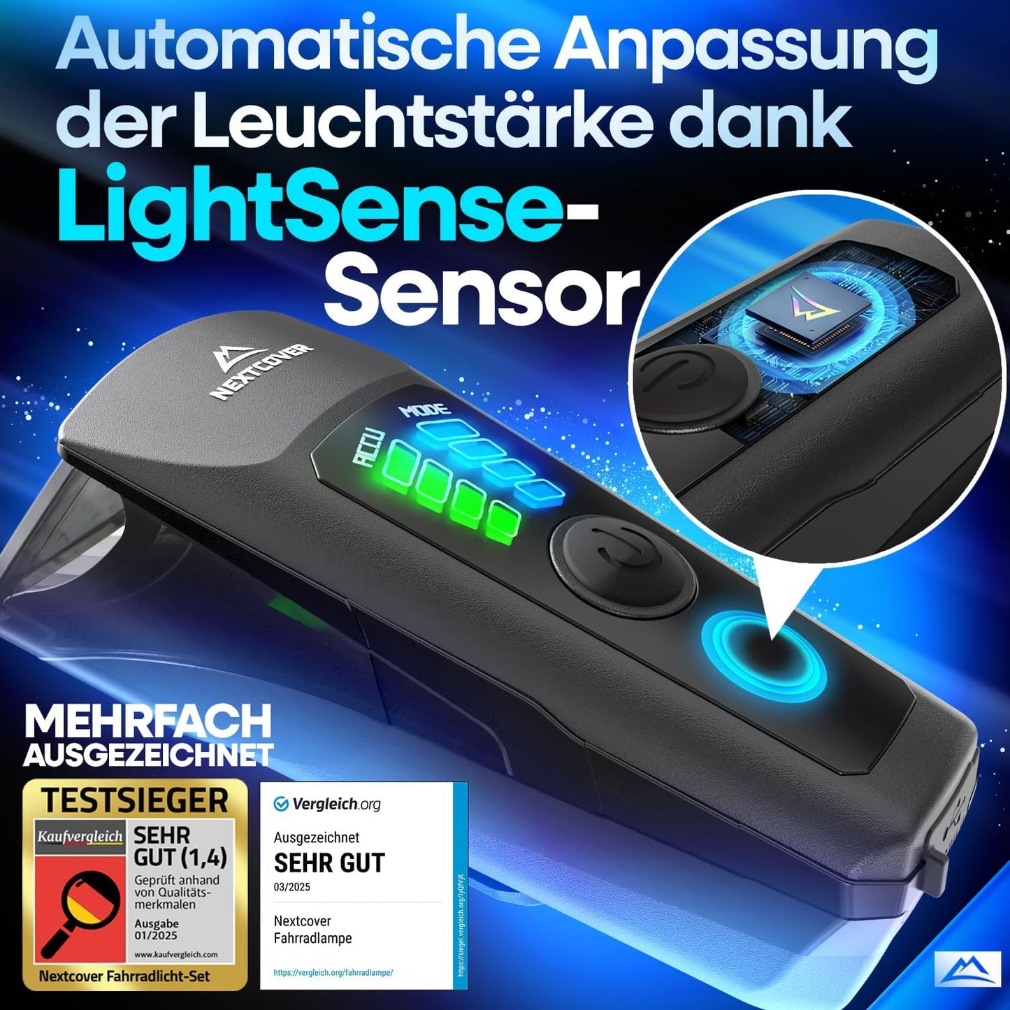 NEXTCOVER® Fahrradlicht-Set - Mit Sensor - 11 Stunden Akkulaufzeit - USB aufladbar - wasserdicht - StVZO geprüft