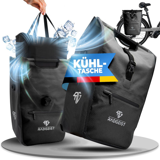 RADGEIST Fahrradtasche für Gepäckträger I Fahrradtasche Shopper mit abnehmbarer Kühltasche I Kuriertasche & Einkaufstasche 22-28 Liter - schwarz