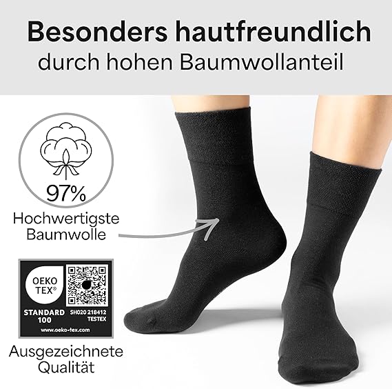 HELDENWERK Diabetikersocken für Damen und Herren, 10 Paar, Diabetikersocken ohne Gummizug und Naht aus 97% Baumwolle, extra breite Gesundheitssocken mit Komfortbund - Größe 47-50 - Schwarz