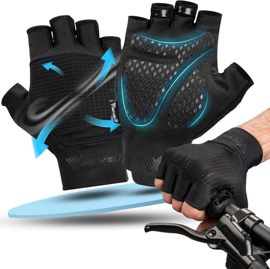 MIVELO Gepolsterte Radhandschuhe - Sommermodell - Atmungsaktiv und fingerlos - Starker Grip - Schwarz - Größe M