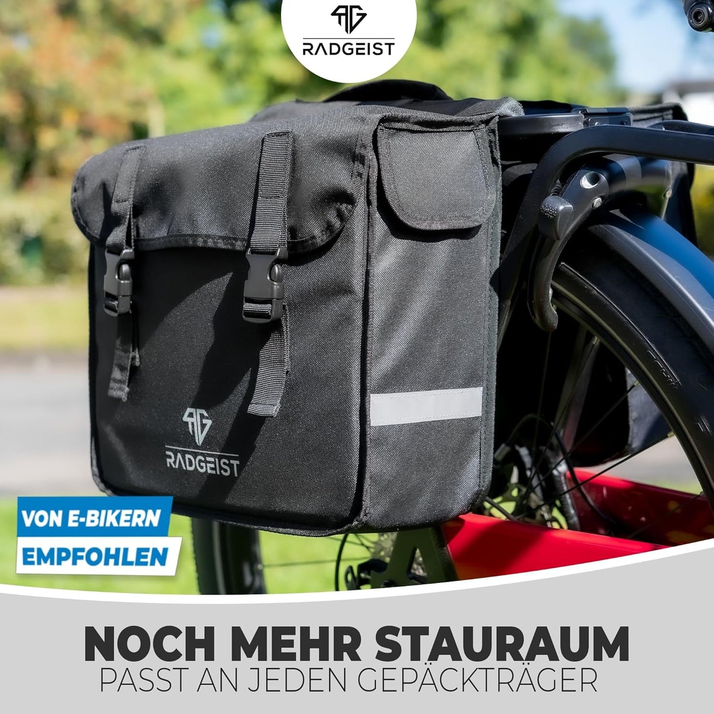 RADGEIST Doppel-Fahrradtasche I Doppel-Fahrradtasche für Gepäckträger 30L I Einfache Befestigung, Doppel-Fahrradtasche schwarz