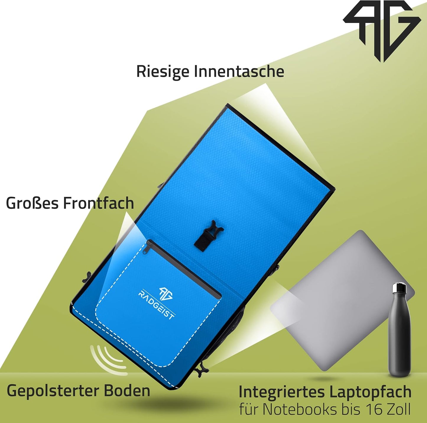 RADGEIST 3 in 1 Fahrradtasche - Für Gepäckträger - Tragetasche - Umhängetasche - Mit Laptopfach - Wasserdicht - 25L - Blau