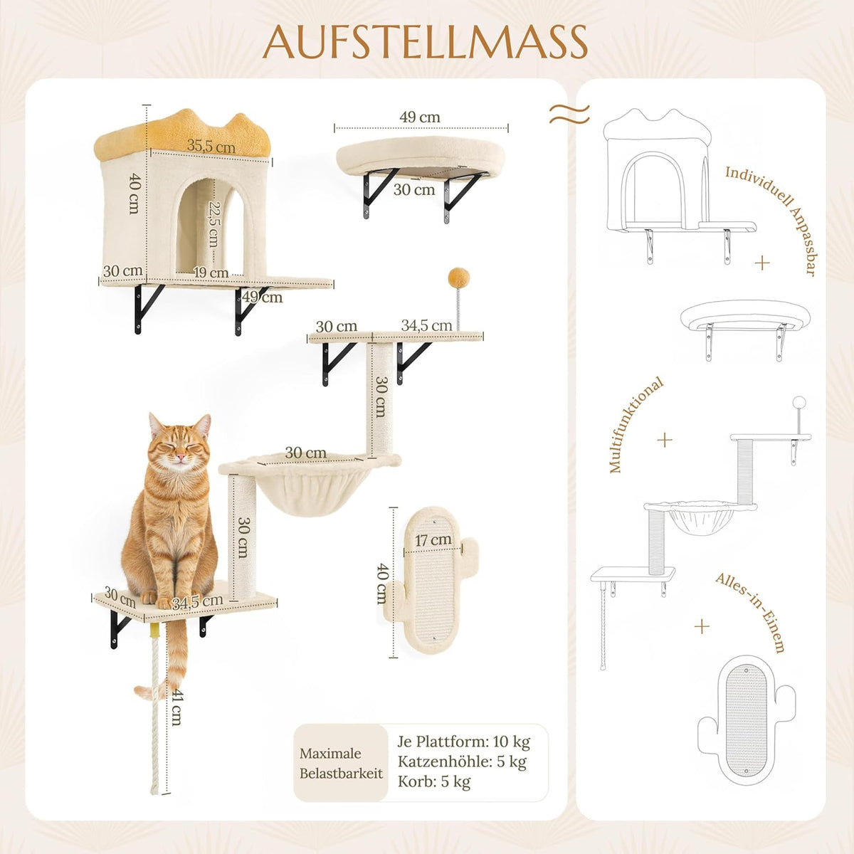 Yaheetech Kletterwand für Katzen - 4-teilig - mit Kratzbereich und Korb - Beige