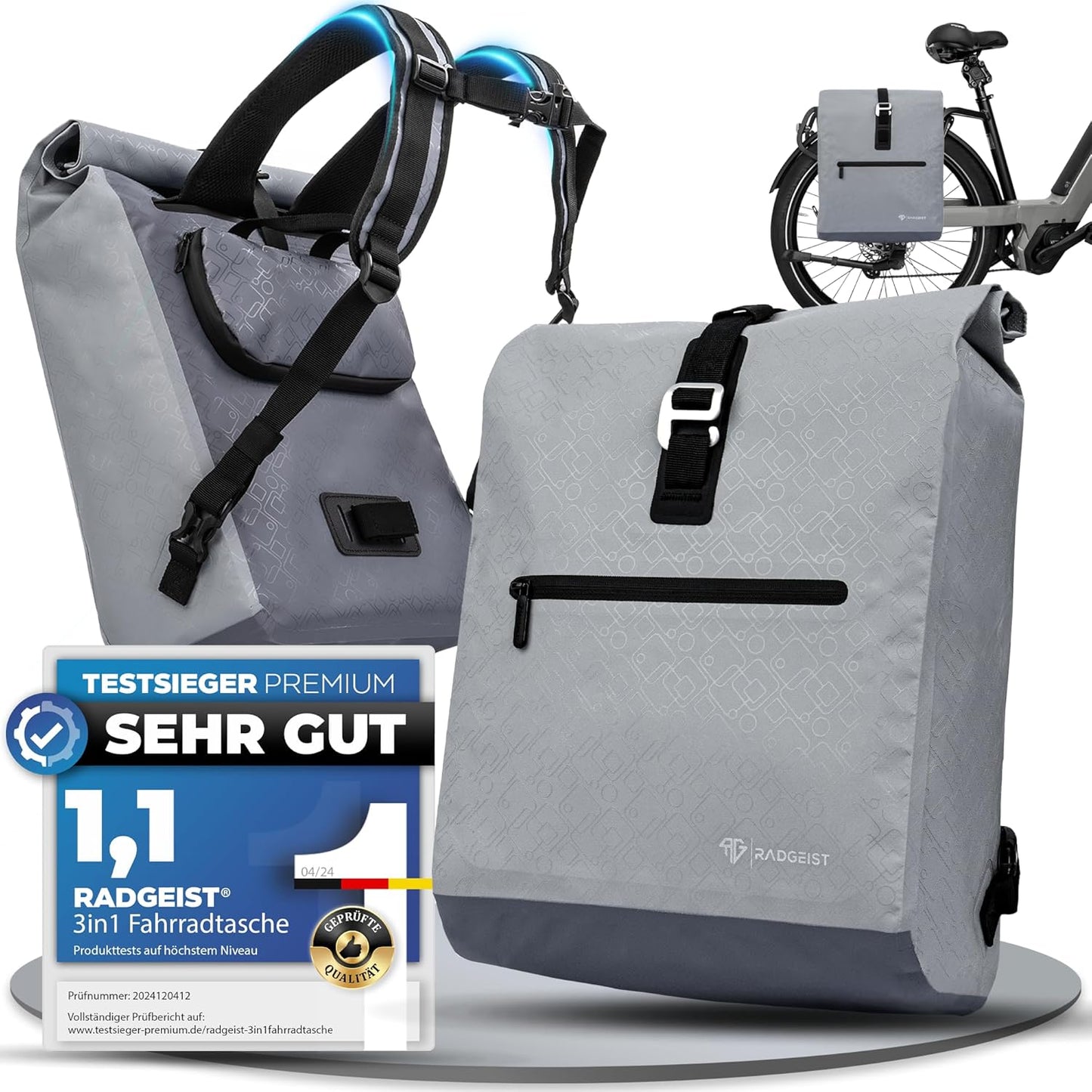 RADGEIST Fahrradtasche für Gepäckträger - Rucksack - 20L - Grau
