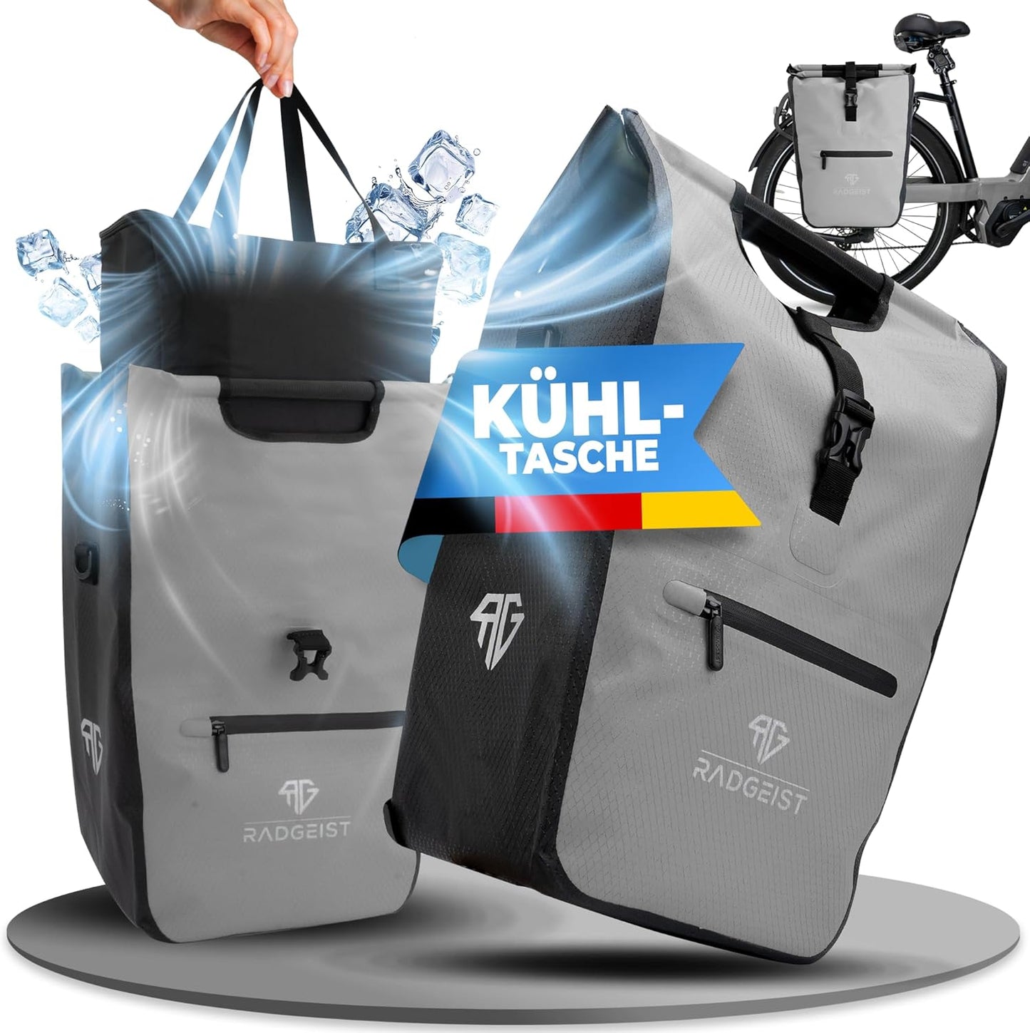RADGEIST Fahrradtasche - Für Gepäckträger - Mit herausnehmbarer Kühltasche - Einkaufstasche - 22-28 Liter - Grau