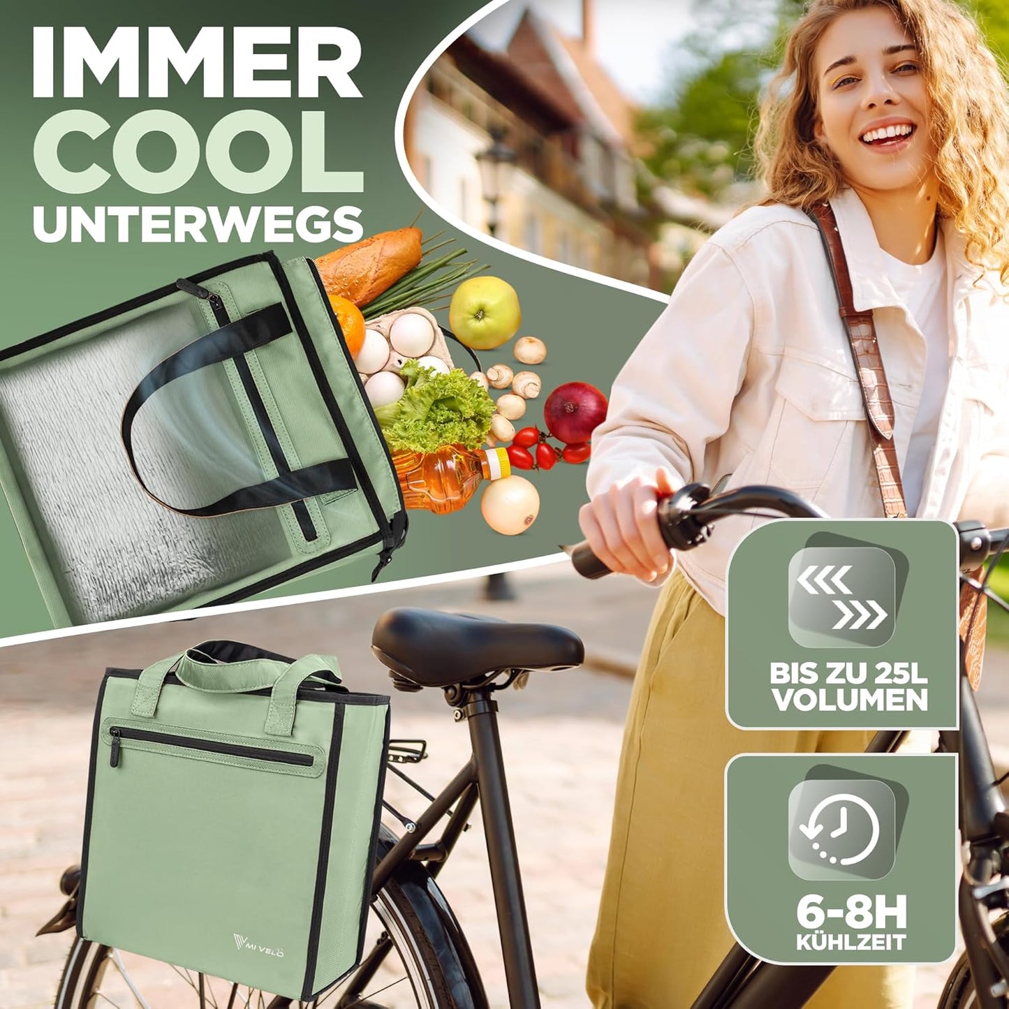 MIVELO 3-in-1-Fahrradtasche - Wasserdicht - Abnehmbare Kühltasche - 25L - Mint