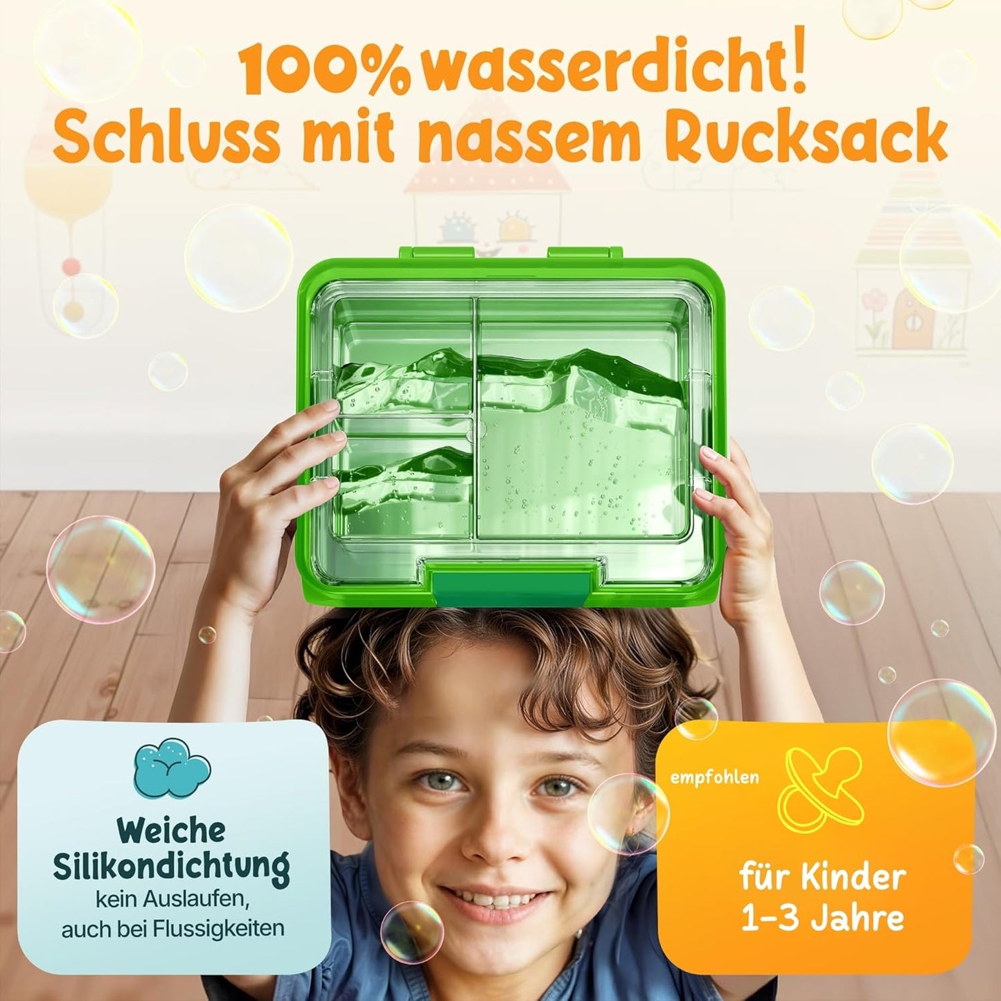 Funkelfuchs® Lunchbox für Kinder - Mit Fächern - 500ml - Für Schule, Kindergarten und Krippe - Grün