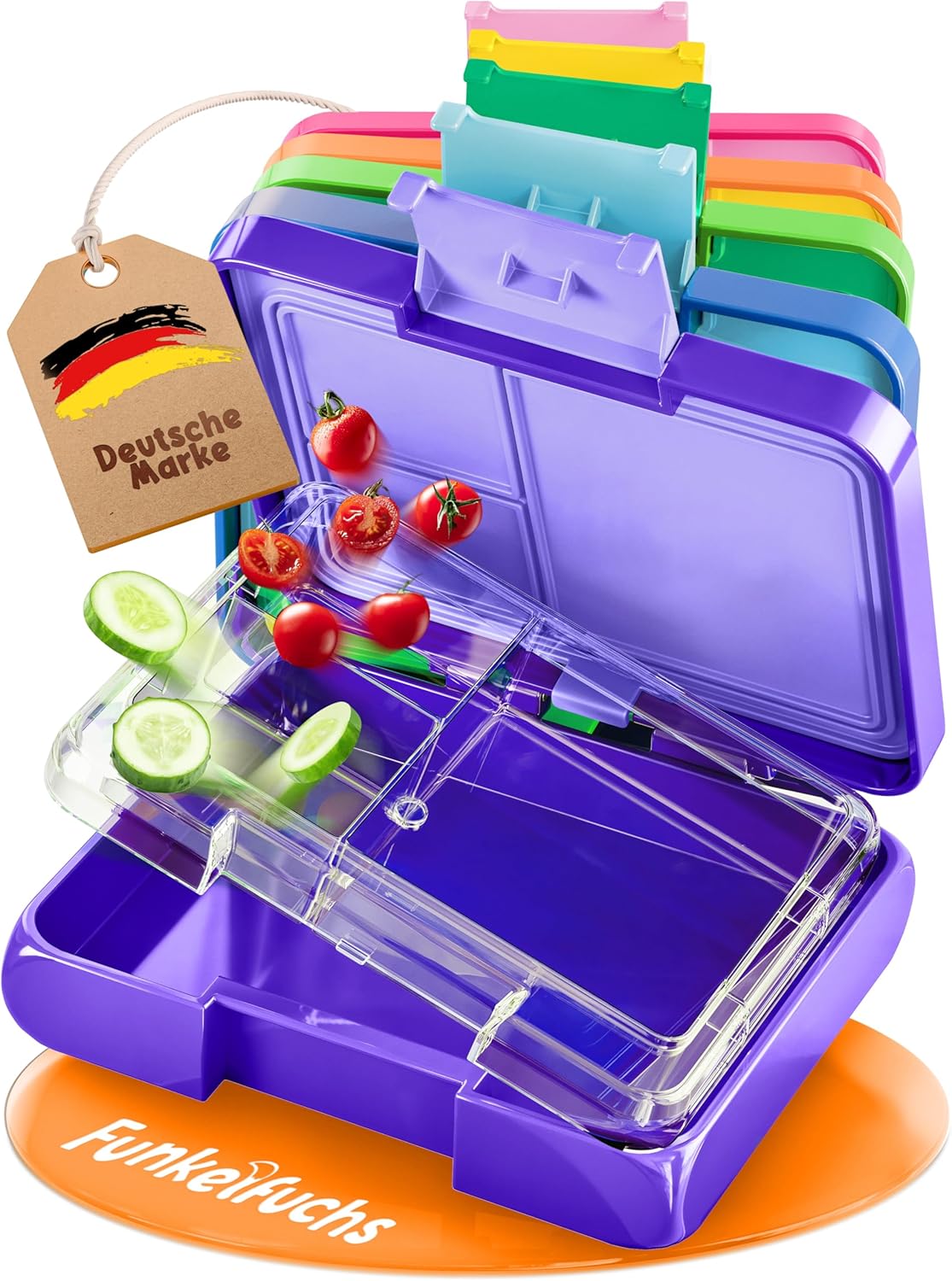 Funkelfuchs Lunchbox Kinder – 500 ml – Bento Box mit Fächern – Spülmaschinenfest – Lila