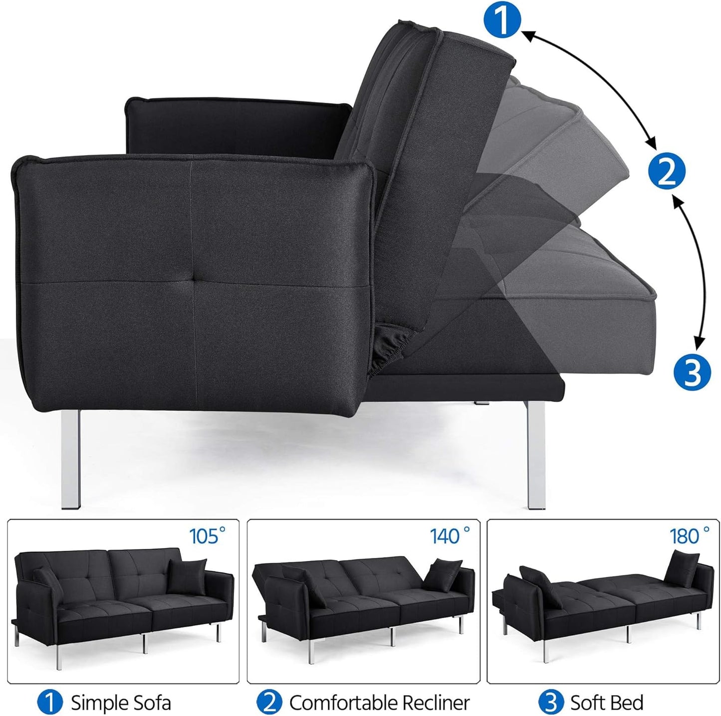 Yaheetech Schlafsofa Schwarz - 3-in-1 Klappsofa mit verstellbarer Rückenlehne - Liegefläche 199 x 110 cm