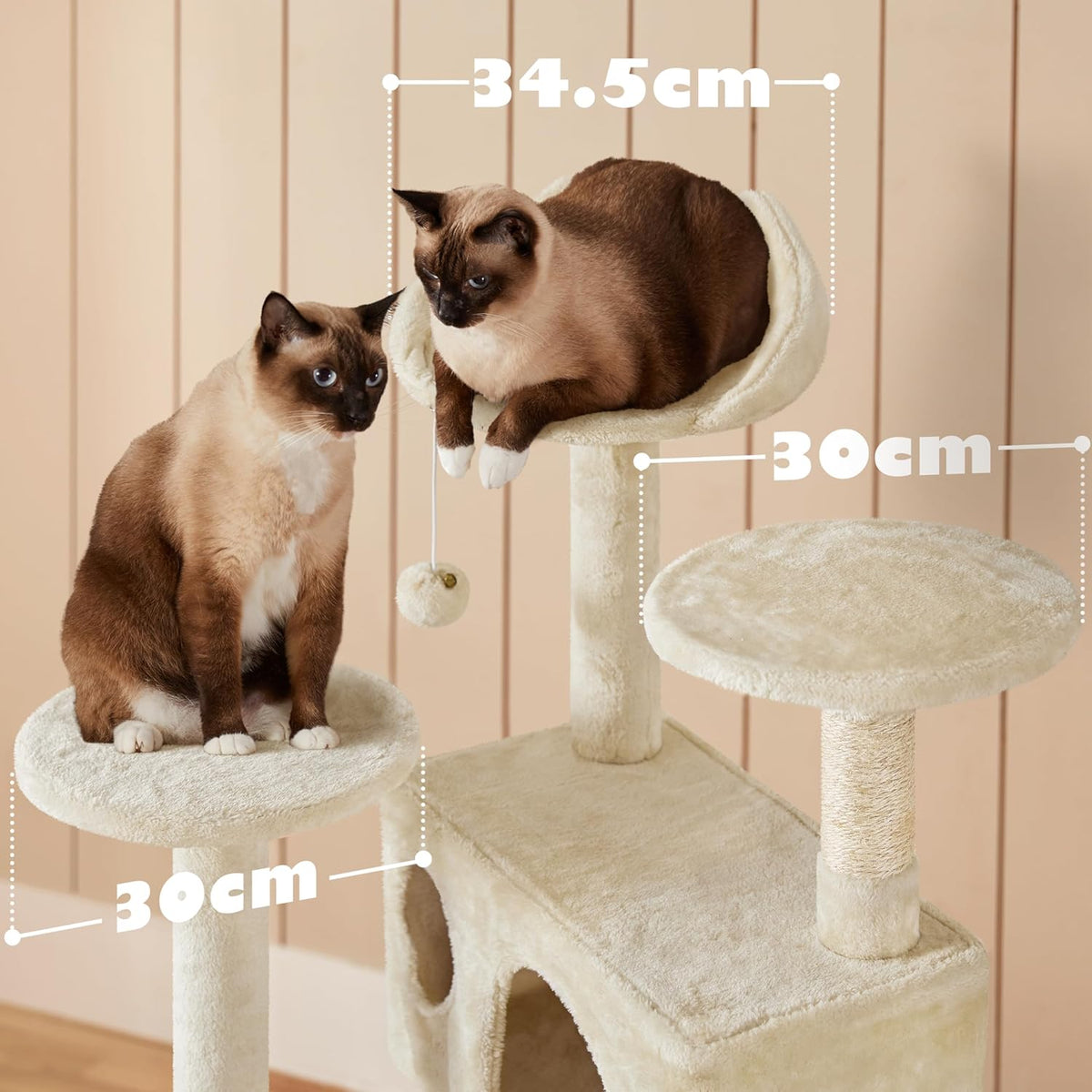 Yaheetech Katzenkratzbaum 137 cm - Beige - 49 x 49 x 137 cm - Mit 2 Häuschen, 3 Tellern und Sisal-Spielbällen