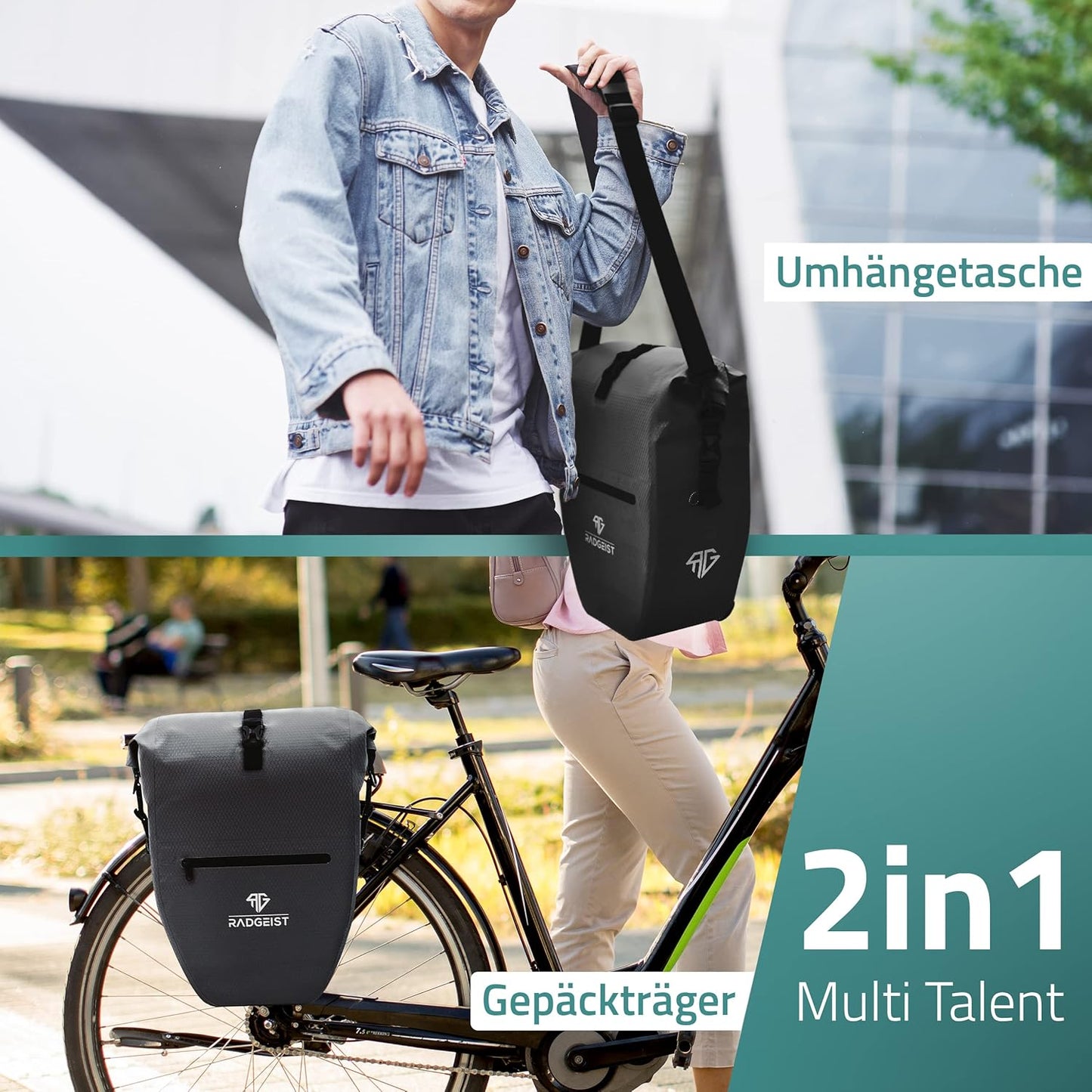 RADGEIST Fahrradtasche für Fahrradträger Set - 2X Tasche für Fahrradträger - Gepäcktasche wasserdicht & Umhängetasche - Fahrradtasche mit Reflektoren
