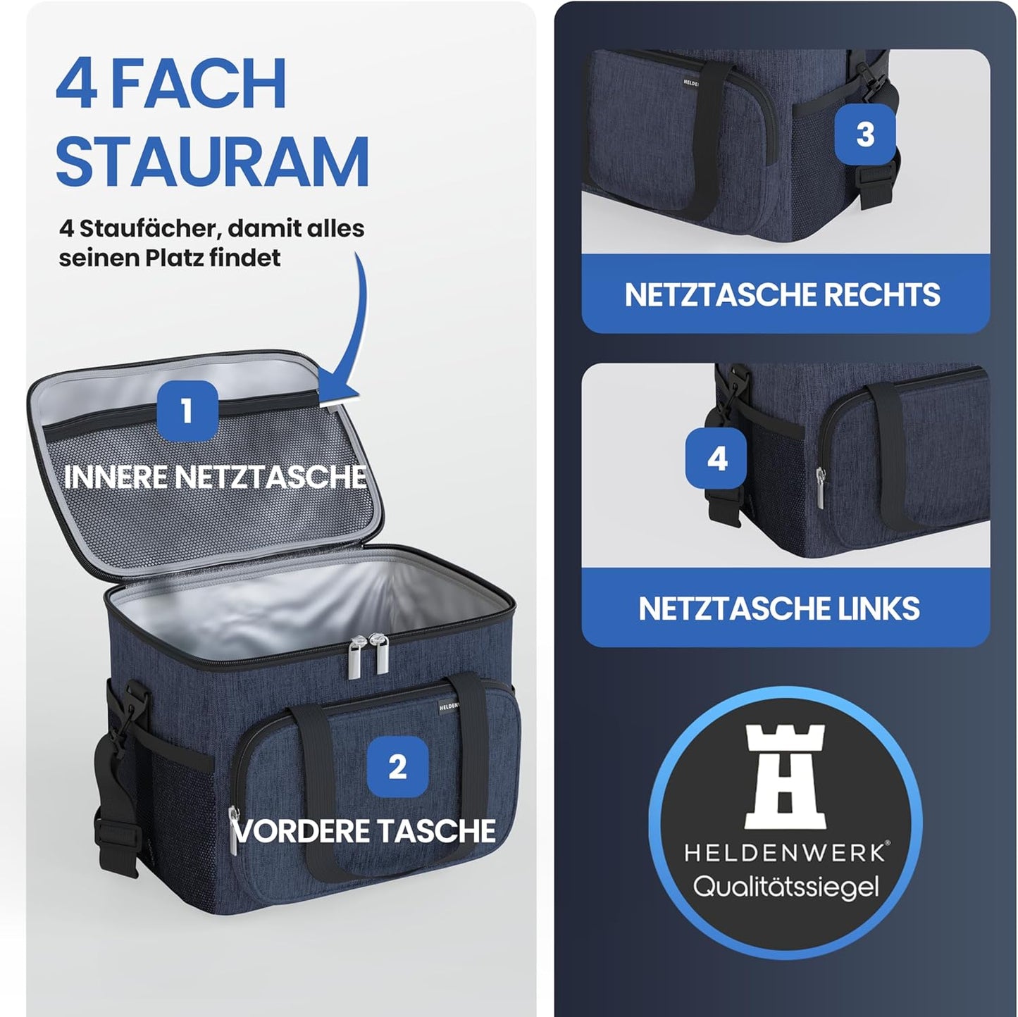 HELDENWERK Kühltasche - Klein & faltbar - 10 Liter Thermo-Lunchbag - Isoliert, wasserdicht & auslaufsicher - Picknicktasche - Marineblau