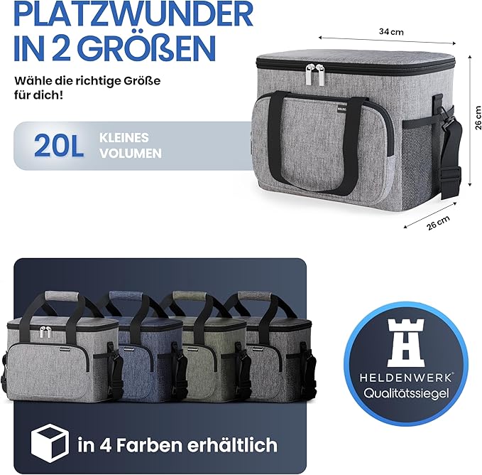 HELDENWERK Große Kühltasche, faltbar, isolierte Kühltasche, Thermotasche, auslaufsicher und wasserdicht, Picknick-Lunchbag, Frühstückstasche, Thermotasche, Isoliertasche - Grau