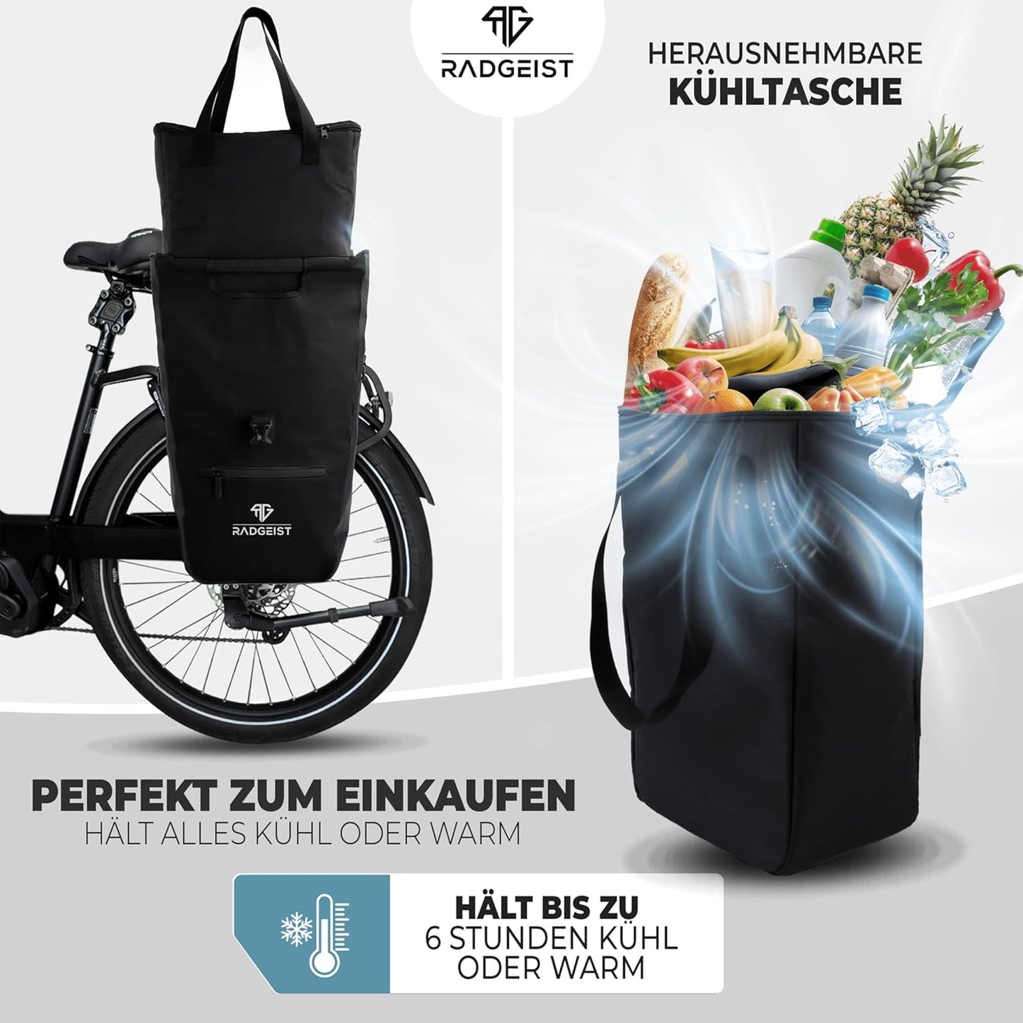 RADGEIST Fahrradtasche für Gepäckträger I Fahrradtasche Shopper mit abnehmbarer Kühltasche I Kuriertasche & Einkaufstasche 22-28 Liter - schwarz
