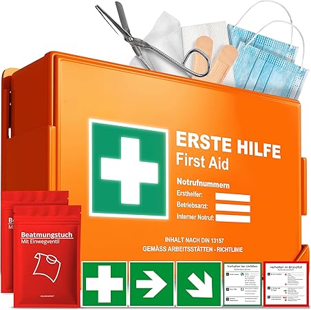 Erste-Hilfe-Kasten nach neuer DIN 13157:2021 inkl. Wandhalterung und Aufkleber | universeller Erste-Hilfe-Kasten für Betrieb, Haushalt oder Gastronomie - Büro-Verbandkasten gefüllt, Sanitätskasten