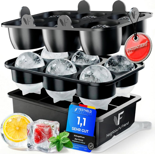 Neighbour's Friend - Patentierte XXL Eiswürfelform Platinum - runde große Eiswürfelform für Cocktails, Gin & Drinks - 6 Eiskugeln + 6 klassische Eiswürfel