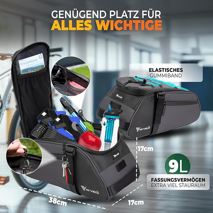 MIVELO Pannier 3-in-1 Rucksack & Umhängetasche - Wasserdicht & Reflektierend - 9 Liter - Dunkelgrau