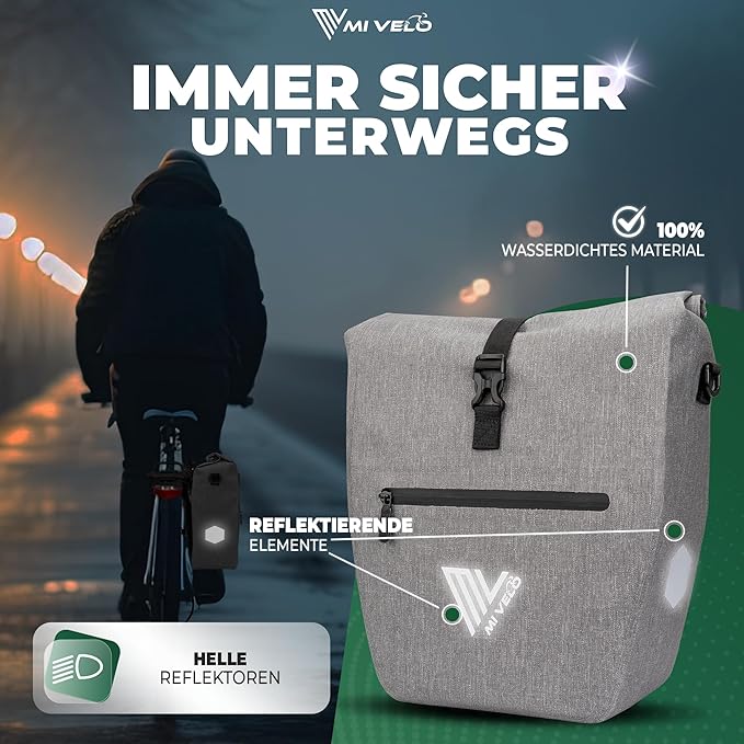 MIVELO Fahrradtasche – 2in1 Gepäckträgertasche & Schultertasche – 20 Liter – Grau