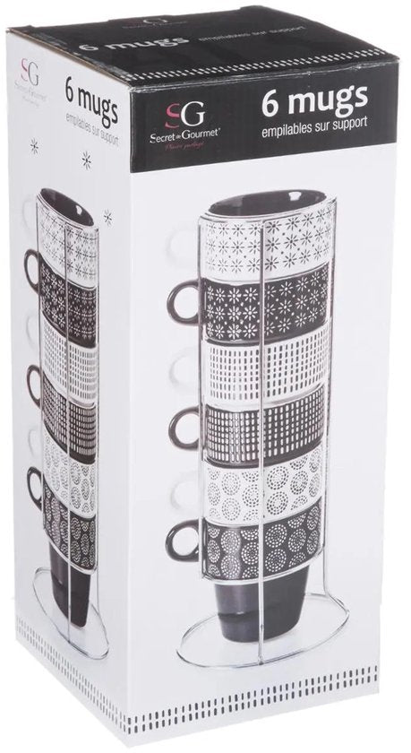 Secret de Gourmet Kaffeetassen/Becher Artista – 6 Stück im Metallständer – Keramik – glänzende Oberfläche – 260 ml – 8 x 9 cm