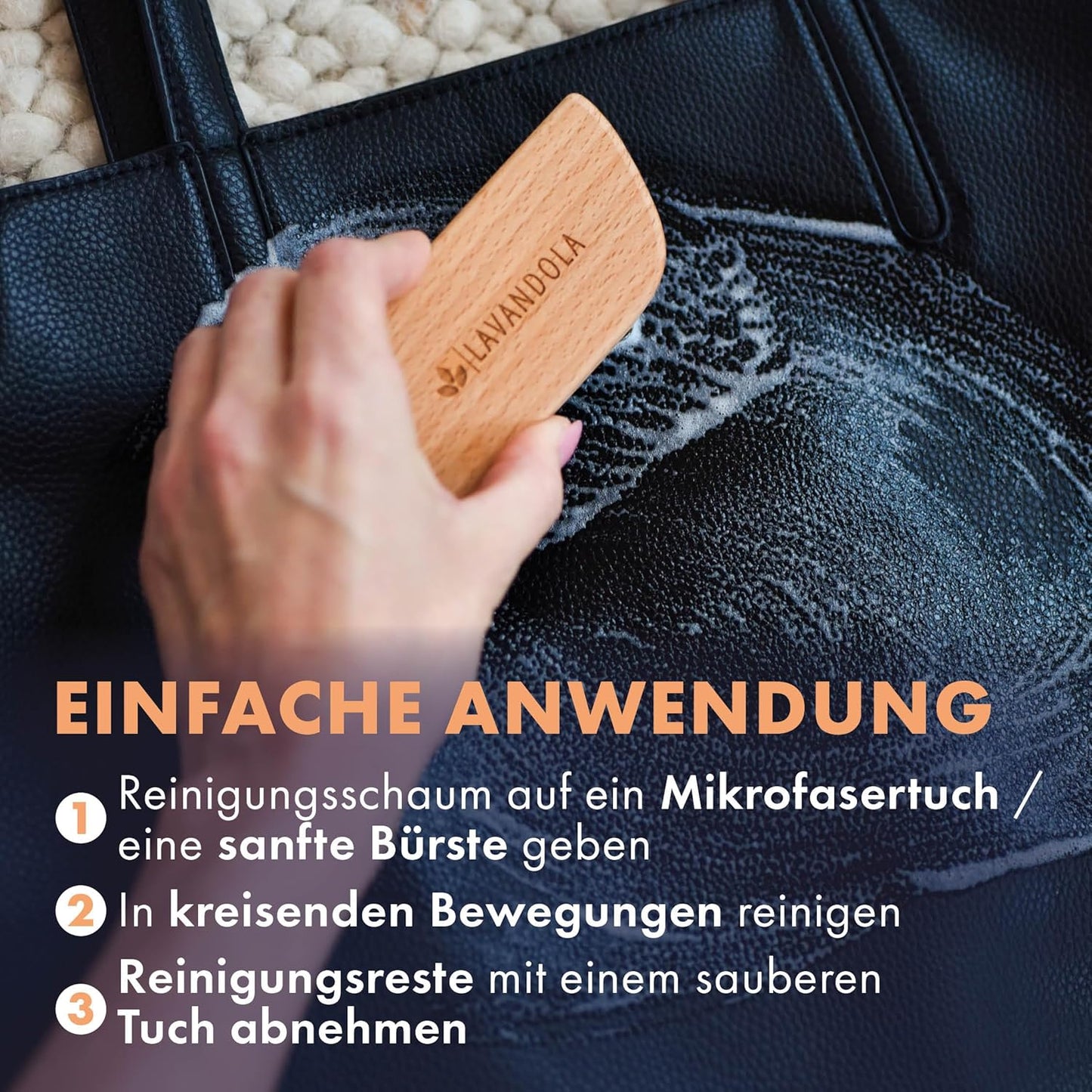 Lavandola Lederreiniger 200 ml – sanfter und wirksamer Reinigungsschaum – für Glatt- und Kunstleder – gegen hartnäckigen Schmutz – geeignet für Sofas und Ledersessel